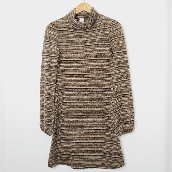 Sweater Dress Vintage Cowl Neck Long Sleeves Lightweight Brown Neutrals Stripes - Picture 1 of 11